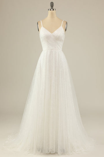 A Line Spaghetti Straps White Tulle Party Dress